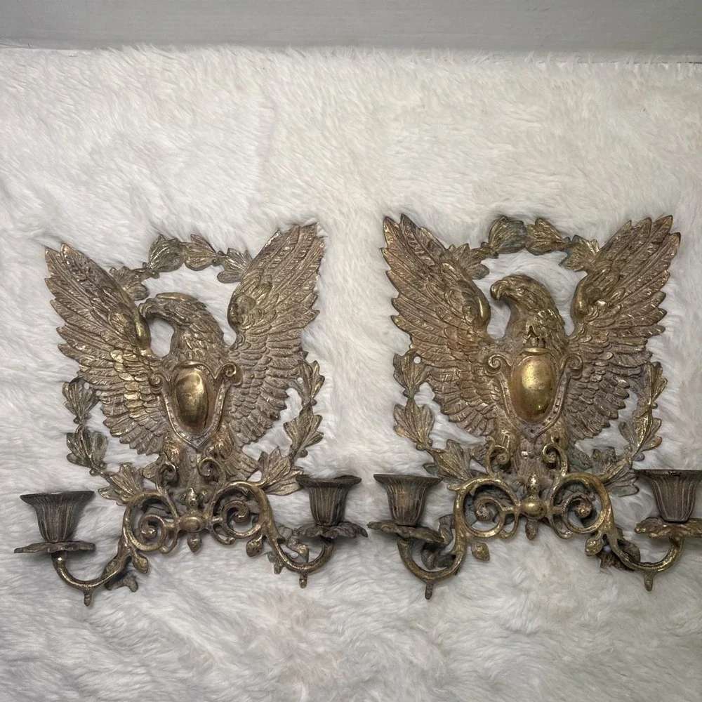 Vintage Brass Eagle Wall Scroll Sconce Candlestick Hollywood Regency Pair 2 MCM